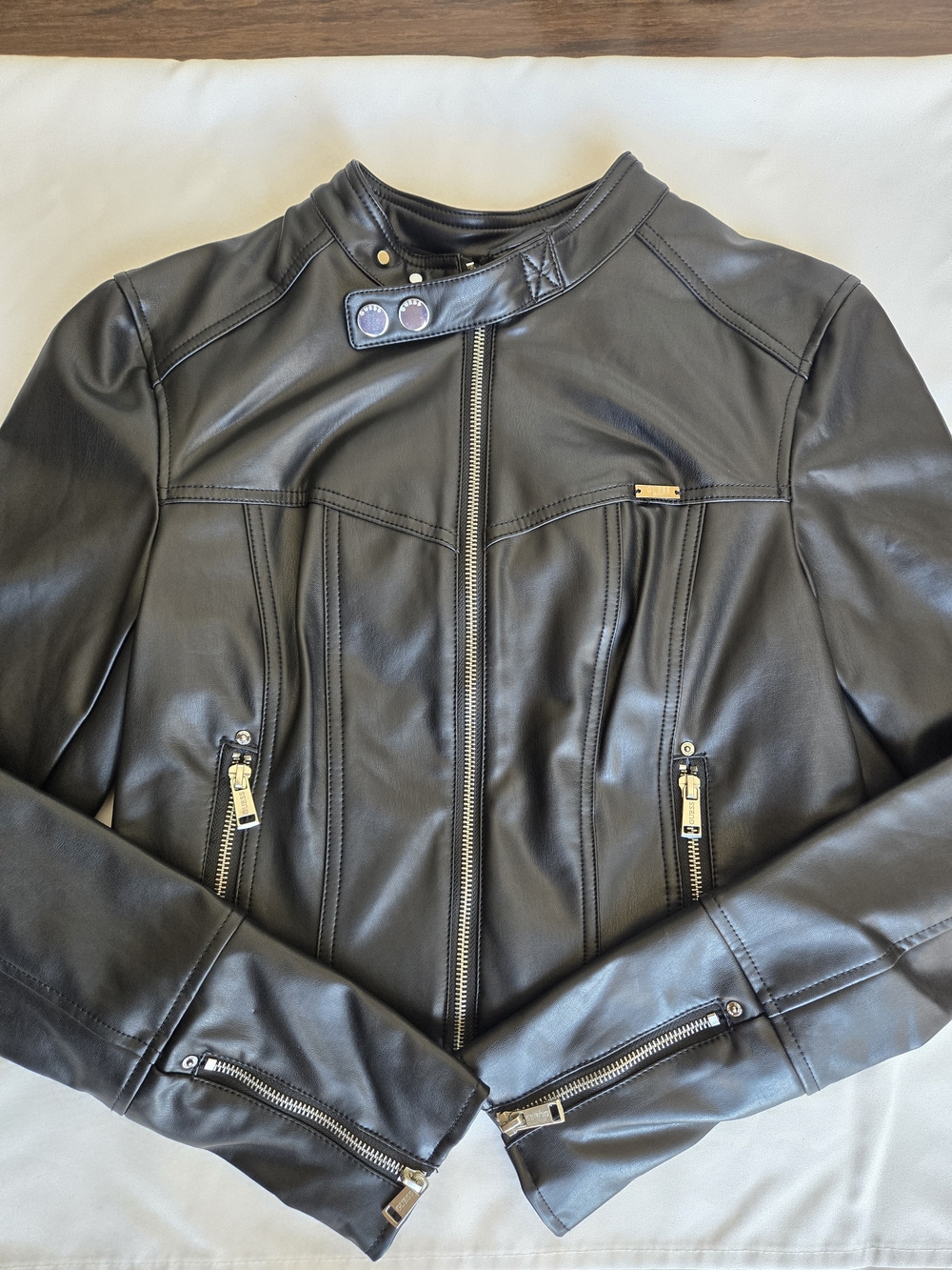 GUESS Black Leather Bomber Jacket with Silver Hardware
